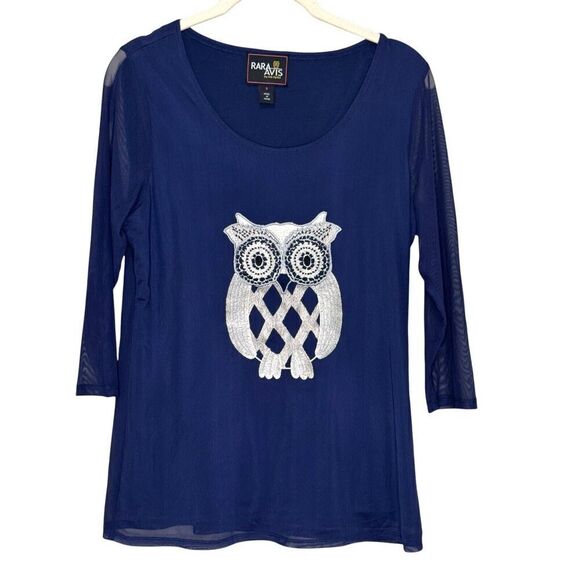 Rara Avis Iris Apfel Top Size Small Blue Embroidered Owl Chiffon - Picture 1 of 7